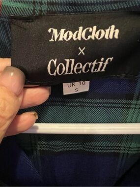 Button-Down Plaid Shirt Dress in Blue & Green
